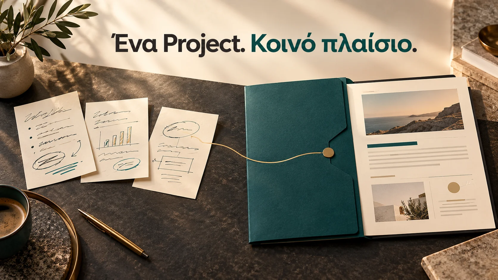 Τρεις σημειώσεις συγκεντρώνονται σε κοινό φάκελο έργου και οργανωμένο προσχέδιο, με μήνυμα «Ένα Project. Κοινό πλαίσιο».