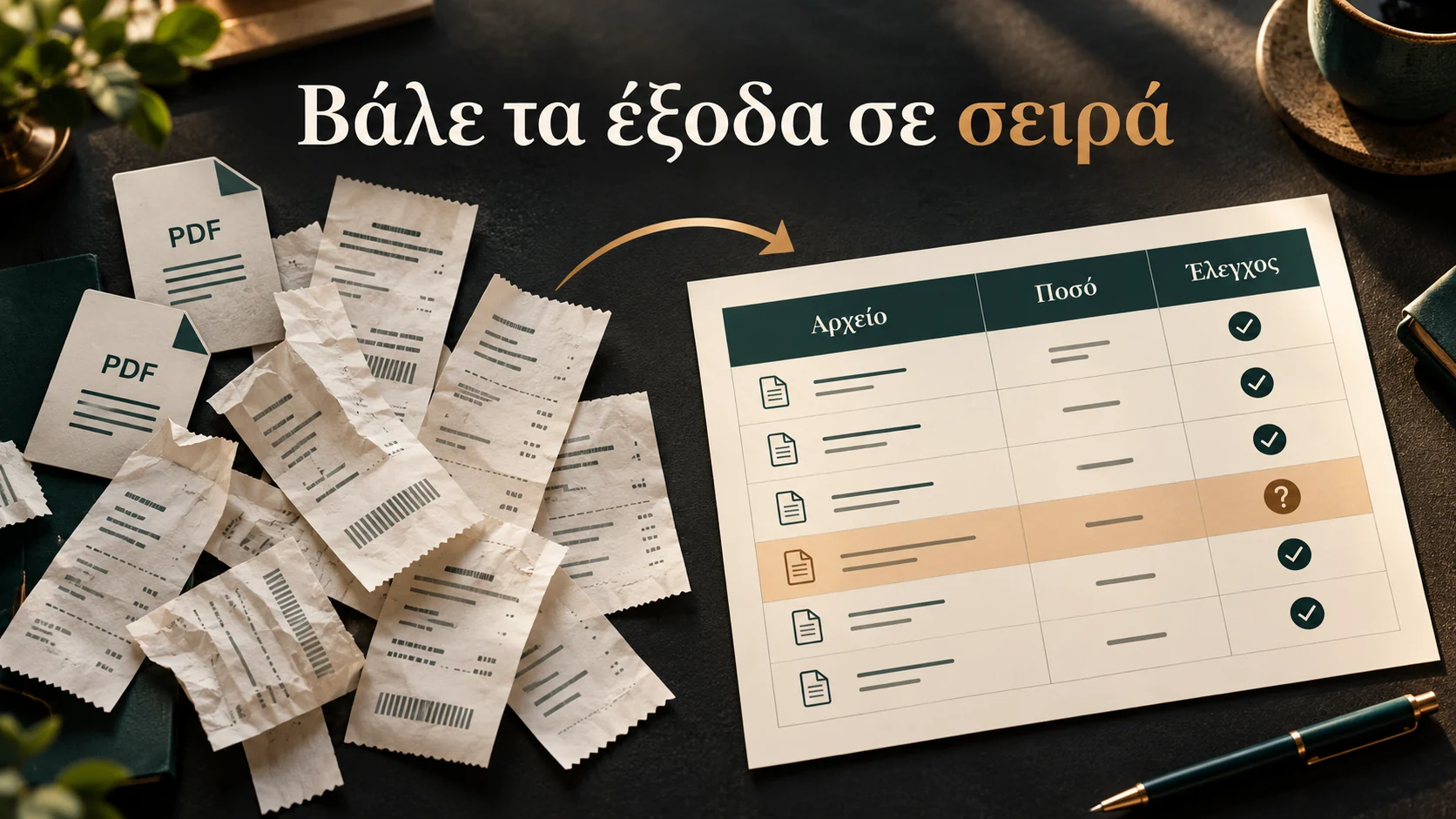 Αποδείξεις και δύο PDF οργανώνονται σε πίνακα με στήλες Αρχείο, Ποσό και Έλεγχος, διατηρώντας μια αβέβαιη γραμμή επισημασμένη.