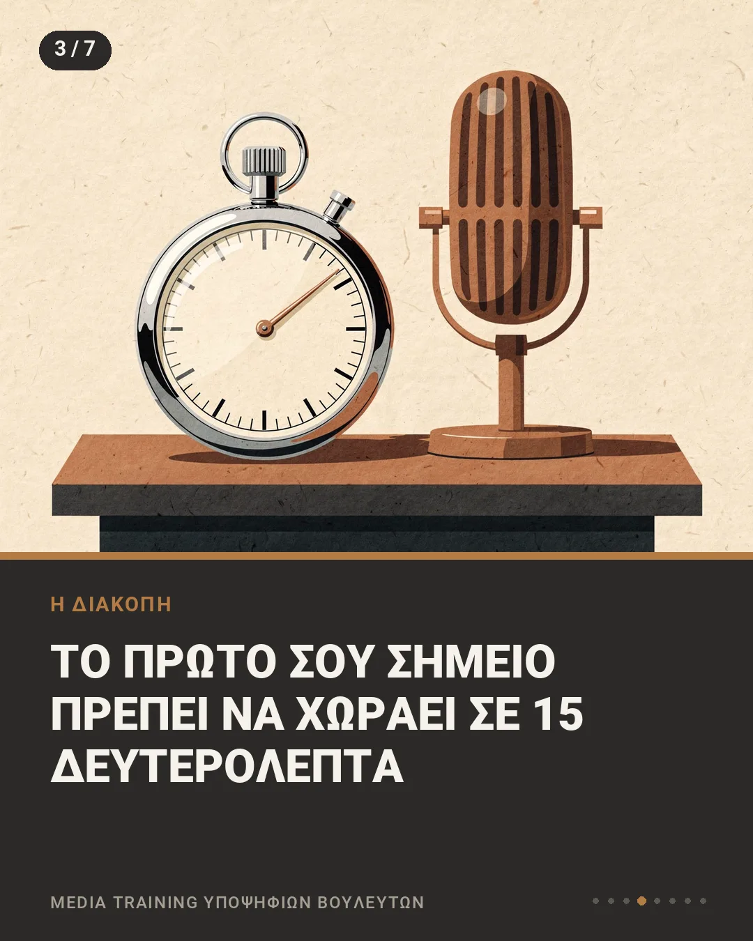 Εικονογράφηση με χρονόμετρο δίπλα σε μικρόφωνο στούντιο, με τη φράση «Το πρώτο σου σημείο πρέπει να χωράει σε 15 δευτερόλεπτα»