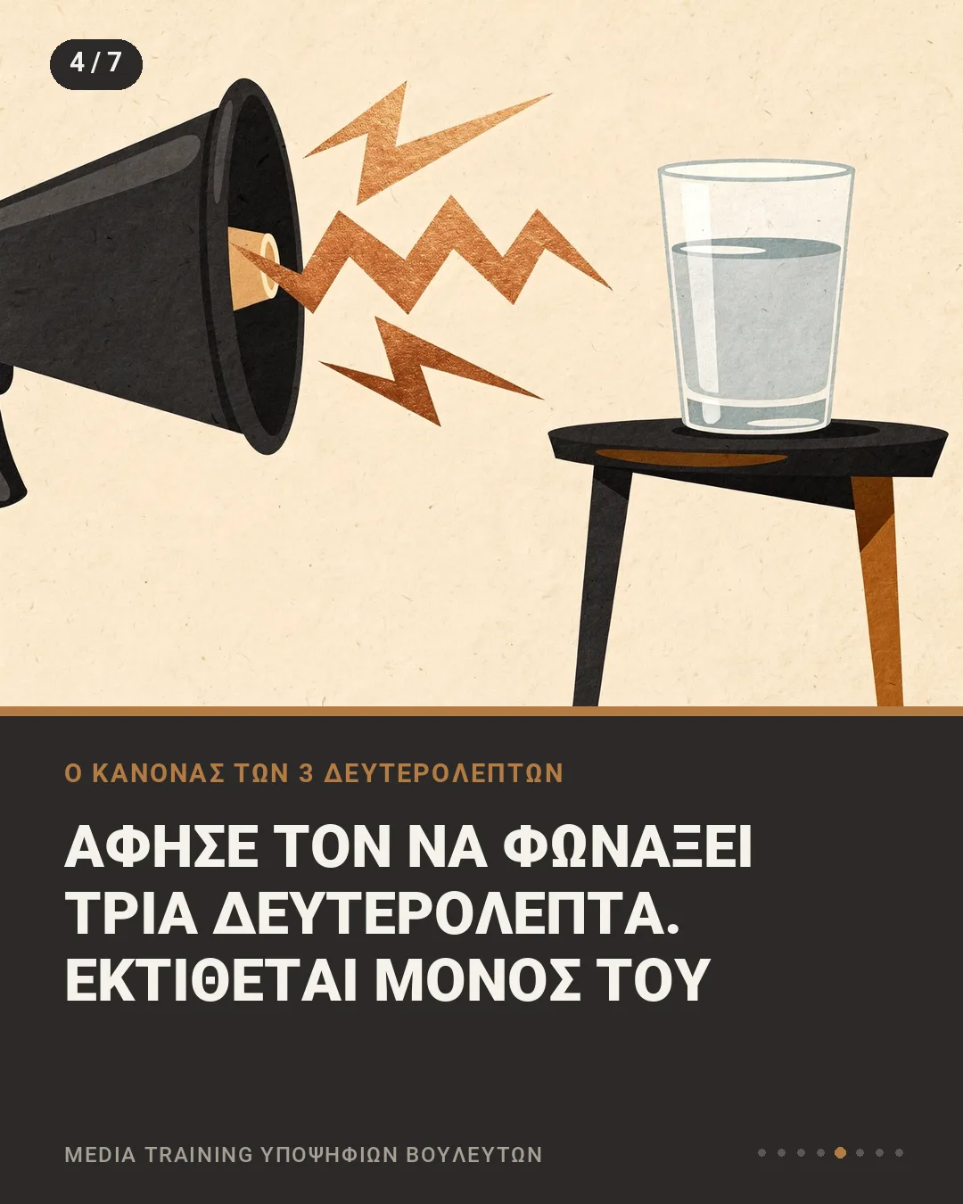 Εικονογράφηση με τηλεβόα που βγάζει θόρυβο προς ένα ποτήρι νερό που μένει ακίνητο, με τη φράση «Άφησέ τον να φωνάξει τρία δευτερόλεπτα. Εκτίθεται μόνος του»