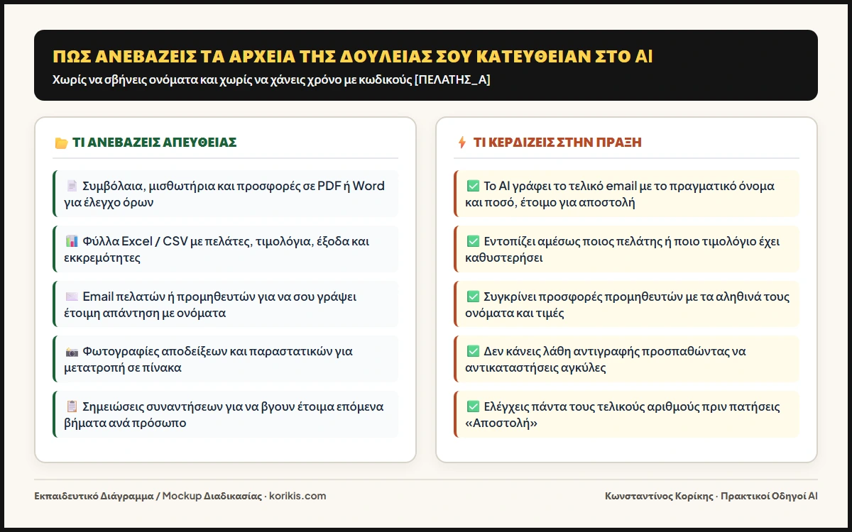 Πώς ανεβάζεις τα αρχεία της δουλειάς σου κατευθείαν στο AI: συμβόλαια PDF, Excel, email και τιμολόγια.