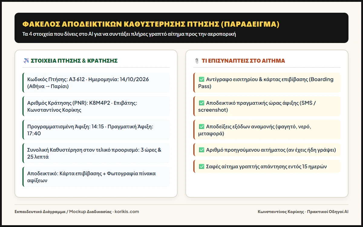 Ενδεικτική κάρτα επιβίβασης σε κινητό μπροστά σε πίνακα καθυστερημένης πτήσης.
