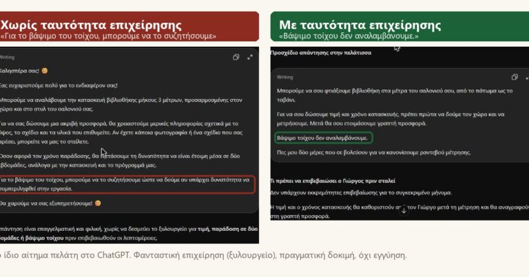 Το ίδιο μήνυμα πελάτη στο ChatGPT: αριστερά χωρίς ταυτότητα της επιχείρησης, δεξιά με ταυτότητα