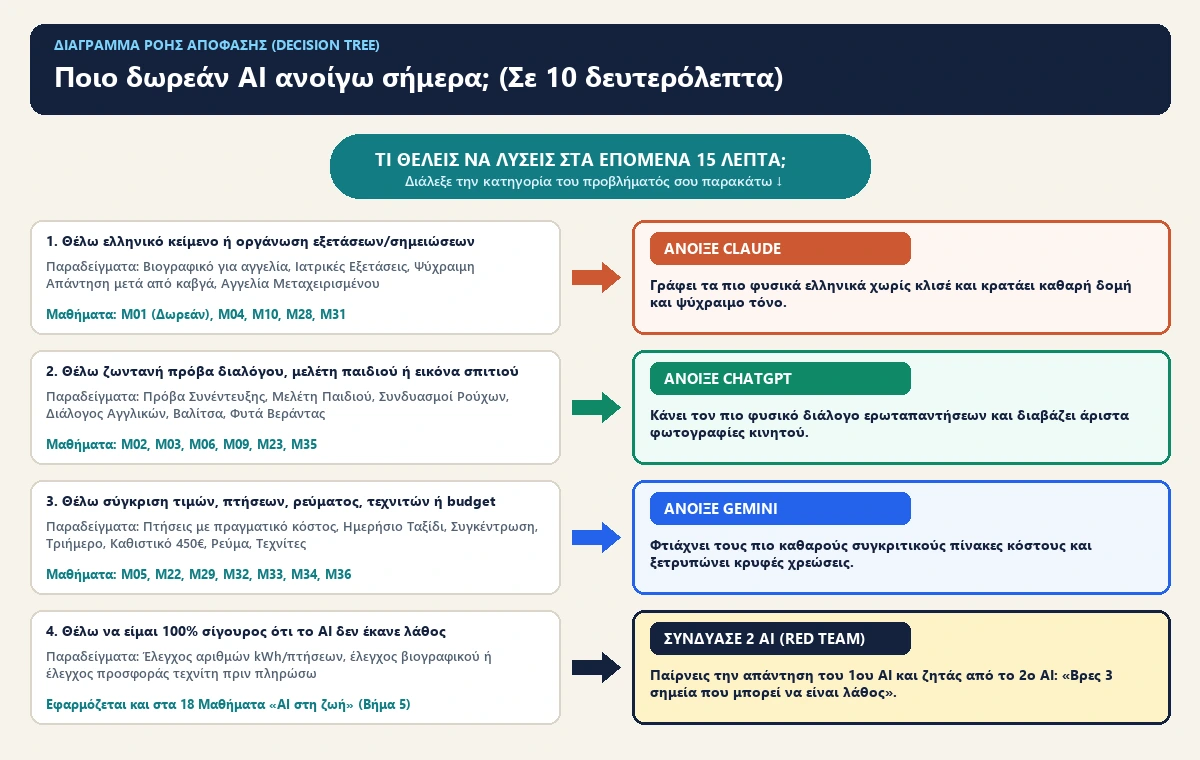 Διάγραμμα ροής απόφασης (Decision Tree) για επιλογή ανάμεσα σε Claude, ChatGPT και Gemini ανάλογα με το καθημερινό πρόβλημα.