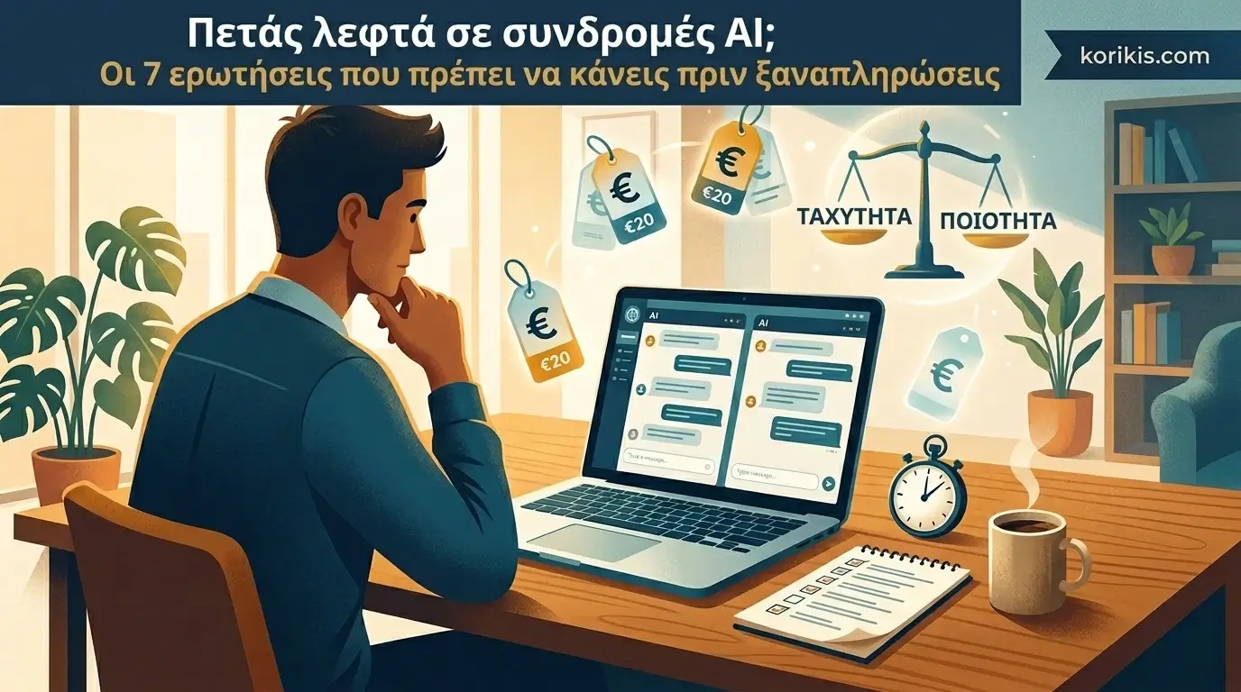 Επαγγελματίας συγκρίνει συνδρομές AI με χρονόμετρο και λίστα 7 ερωτήσεων πριν πληρώσει