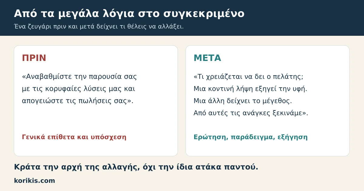 Σύγκριση γενικόλογης διατύπωσης με συγκεκριμένο κείμενο στο ύφος του studio